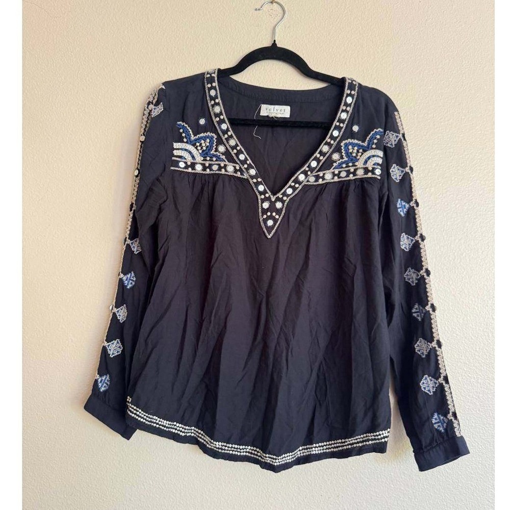 Velvet by Graham Spencer Navy Embroidered Boho Peasant Blouse Mirror Coquette S